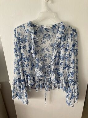 Blue Floral Ruffle Tie-Front Blouse